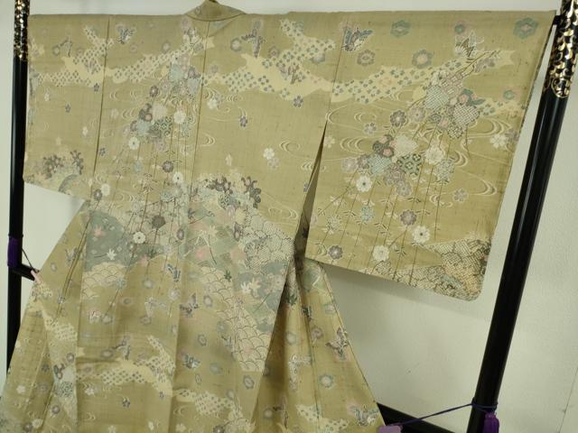 平和屋本店▽極上　染織の名門　しょうざん  生紬　訪問着　単衣　舞蝶枝垂れ花　逸品　未使用　DZAB8967kh6