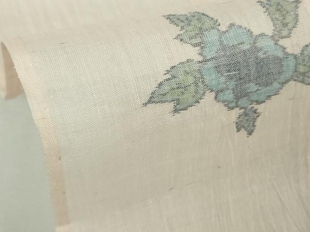 平和屋本店＊極上　夏物　本場小千谷ちぢみ　麻　手紡絣　野信工場謹製　舞花文　薄い水柿色地　反端付き　逸品　DZAB8973kh6