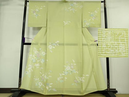 平和屋本店＊希少　夏物　創業460年・千總　訪問着　絽　枝花文　若葉色地　銀彩　逸品　未使用　DZAB8981kh6
