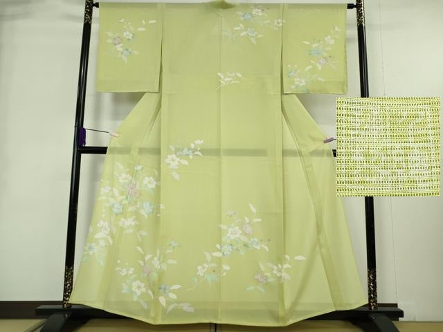 平和屋本店＊希少　夏物　創業460年・千總　訪問着　絽　枝花文　若葉色地　銀彩　逸品　未使用　DZAB8981kh6