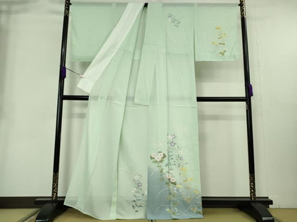 平和屋着物＊極上　夏物　訪問着　絽　手描き　秋草文　薄萌葱色地　暈し染め　逸品　未使用　DZAB8982kh6