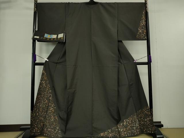 平和屋着物▽極上 本場大島紬 訪問着 単衣 総刺繍 南天唐草文 檳榔子染色地 金糸　奄美染織工房謹製　証紙付き　逸品　未使用　DZAB8987kh6