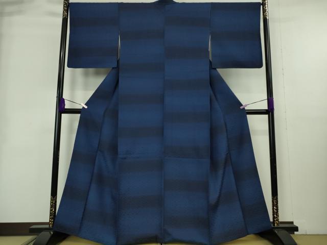 平和屋本店●極上　首里　ロートン織　道屯織　紬　本藍　横段文　逸品　DZAB8988kh6