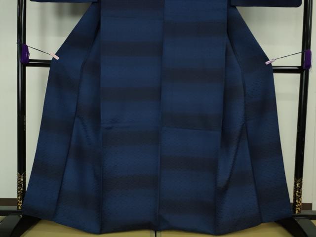 平和屋本店●極上　首里　ロートン織　道屯織　紬　本藍　横段文　逸品　DZAB8988kh6