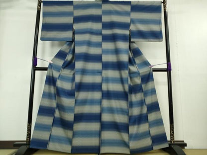 平和屋本店●極上　藍香房　花織　お召　天然藍染　横段文　逸品　DZAB8989kh6