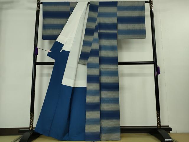 平和屋本店●極上　藍香房　花織　お召　天然藍染　横段文　逸品　DZAB8989kh6