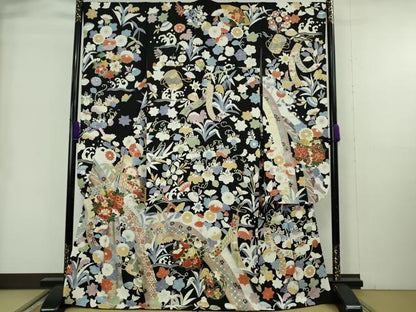 平和屋本店●極上　振袖　駒刺繍　吉祥花文　黒地　金彩　逸品　DZAB8994kh6