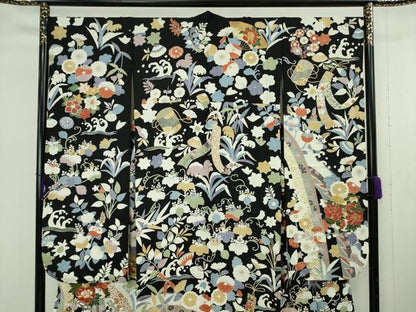 平和屋本店●極上　振袖　駒刺繍　吉祥花文　黒地　金彩　逸品　DZAB8994kh6