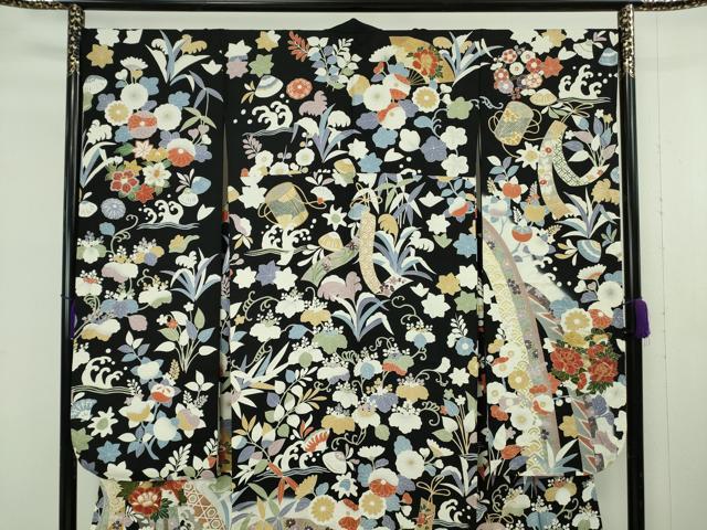 平和屋本店●極上　振袖　駒刺繍　吉祥花文　黒地　金彩　逸品　DZAB8994kh6