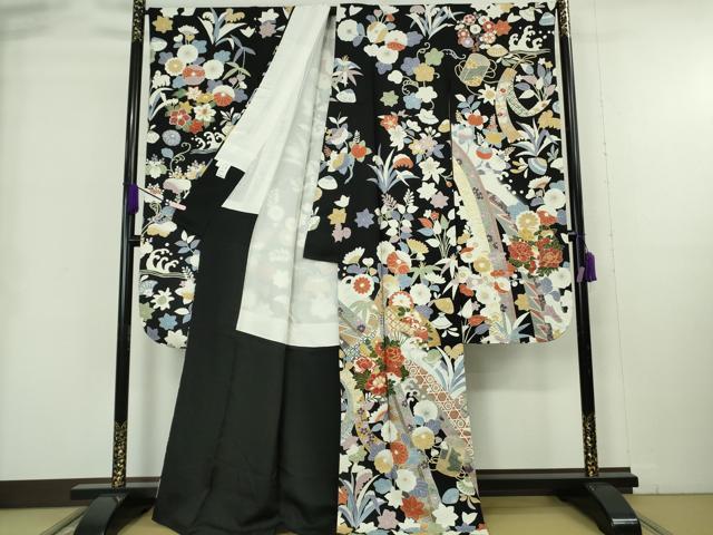平和屋本店●極上　振袖　駒刺繍　吉祥花文　黒地　金彩　逸品　DZAB8994kh6