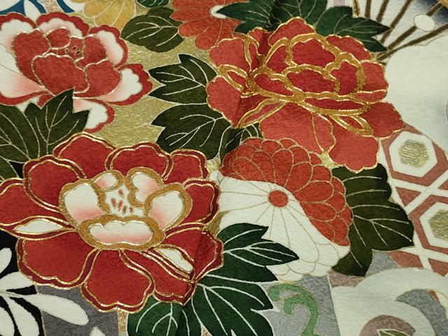 平和屋本店●極上　振袖　駒刺繍　吉祥花文　黒地　金彩　逸品　DZAB8994kh6