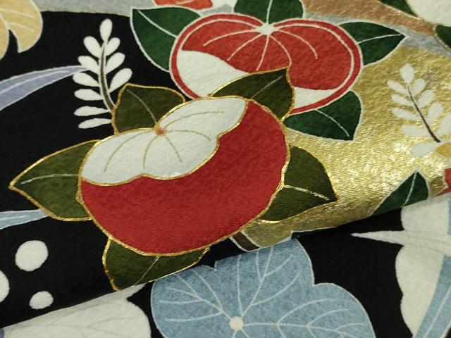 平和屋本店●極上　振袖　駒刺繍　吉祥花文　黒地　金彩　逸品　DZAB8994kh6