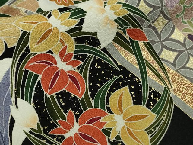 平和屋本店●極上　振袖　駒刺繍　吉祥花文　黒地　金彩　逸品　DZAB8994kh6