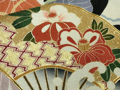 平和屋本店●極上　振袖　駒刺繍　吉祥花文　黒地　金彩　逸品　DZAB8994kh6
