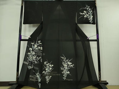 平和屋本店＊極上　夏物　中国三大刺繍　スワトウ刺繍　汕頭刺繍　訪問着　縦絽　エ霞紋紗　秋草文　黒地　逸品　DZAB8998kh6