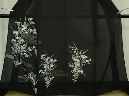 平和屋本店＊極上　夏物　中国三大刺繍　スワトウ刺繍　汕頭刺繍　訪問着　縦絽　エ霞紋紗　秋草文　黒地　逸品　DZAB8998kh6
