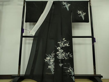 平和屋本店＊極上　夏物　中国三大刺繍　スワトウ刺繍　汕頭刺繍　訪問着　縦絽　エ霞紋紗　秋草文　黒地　逸品　DZAB8998kh6