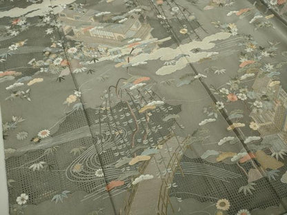 平和屋本店●極上　中国三大刺繍　スワトウ刺繍　汕頭刺繍　総刺繍　訪問着　渡橋風景花文　薄墨色地　逸品　未使用　DZAB9000kh6