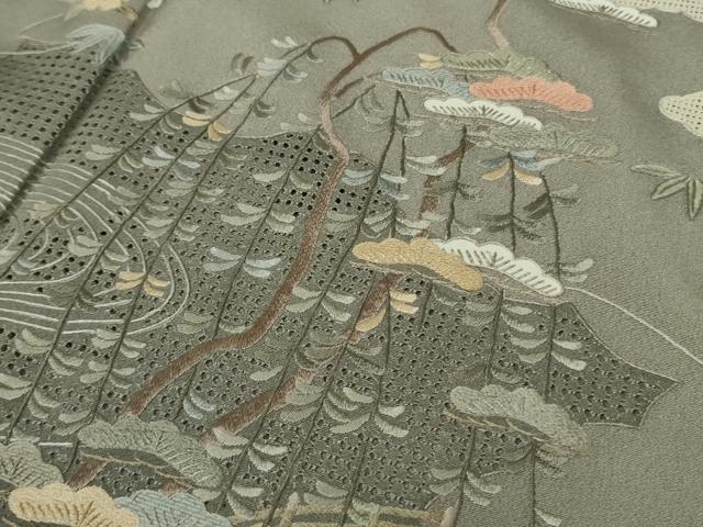 平和屋本店●極上　中国三大刺繍　スワトウ刺繍　汕頭刺繍　総刺繍　訪問着　渡橋風景花文　薄墨色地　逸品　未使用　DZAB9000kh6