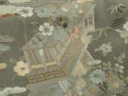 平和屋本店●極上　中国三大刺繍　スワトウ刺繍　汕頭刺繍　総刺繍　訪問着　渡橋風景花文　薄墨色地　逸品　未使用　DZAB9000kh6