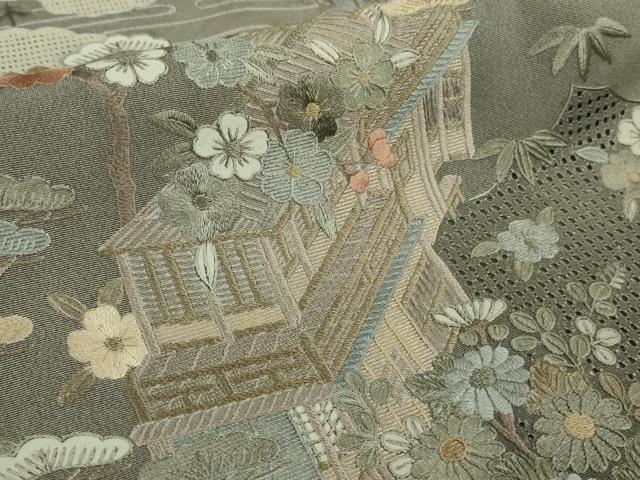 平和屋本店●極上　中国三大刺繍　スワトウ刺繍　汕頭刺繍　総刺繍　訪問着　渡橋風景花文　薄墨色地　逸品　未使用　DZAB9000kh6
