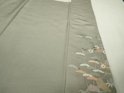 平和屋本店●極上　中国三大刺繍　スワトウ刺繍　汕頭刺繍　総刺繍　訪問着　渡橋風景花文　薄墨色地　逸品　未使用　DZAB9000kh6