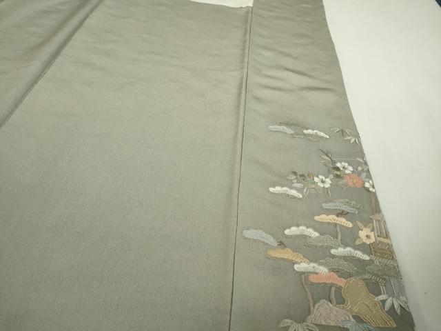 平和屋本店●極上　中国三大刺繍　スワトウ刺繍　汕頭刺繍　総刺繍　訪問着　渡橋風景花文　薄墨色地　逸品　未使用　DZAB9000kh6