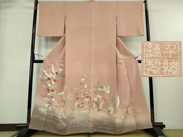 平和屋本店●極上　創業460年・千總　色留袖　駒刺繍　鶴亀　松竹梅　赤香色地　金彩　阪急百貨店扱い　逸品　DZAB9004kh6