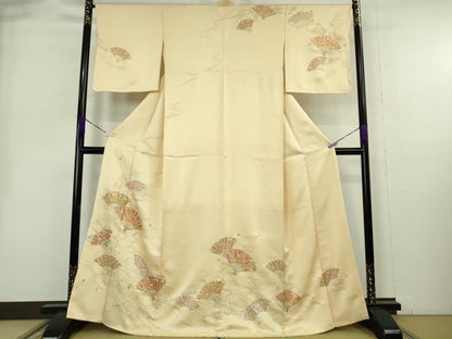 平和屋本店●極上　銀座きしや　訪問着　駒刺繍　流水扇面花文　砥粉色地　金彩　逸品　DZAB9006kh6