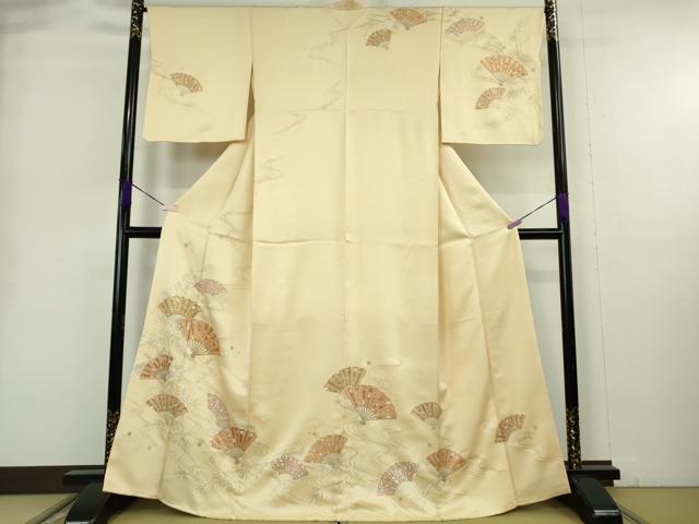 平和屋本店●極上　銀座きしや　訪問着　駒刺繍　流水扇面花文　砥粉色地　金彩　逸品　DZAB9006kh6