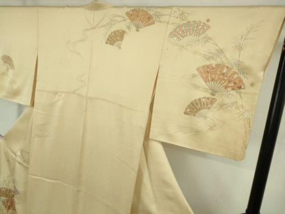 平和屋本店●極上　銀座きしや　訪問着　駒刺繍　流水扇面花文　砥粉色地　金彩　逸品　DZAB9006kh6