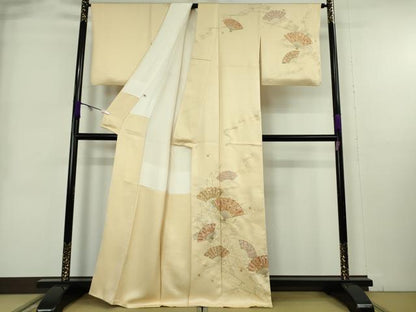 平和屋本店●極上　銀座きしや　訪問着　駒刺繍　流水扇面花文　砥粉色地　金彩　逸品　DZAB9006kh6