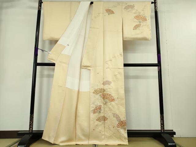 平和屋本店●極上　銀座きしや　訪問着　駒刺繍　流水扇面花文　砥粉色地　金彩　逸品　DZAB9006kh6