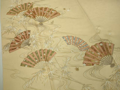 平和屋本店●極上　銀座きしや　訪問着　駒刺繍　流水扇面花文　砥粉色地　金彩　逸品　DZAB9006kh6
