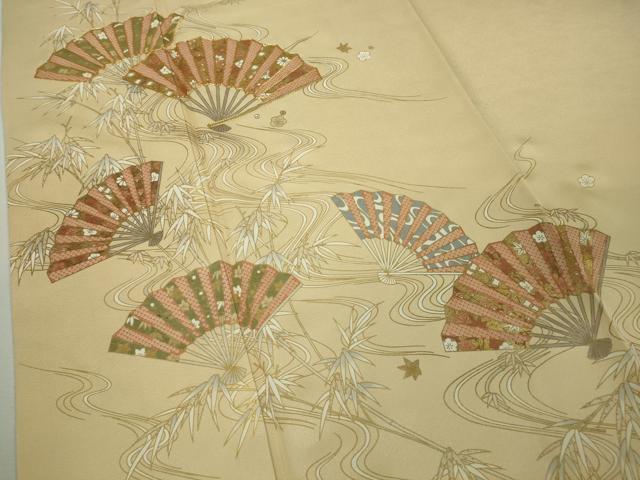 平和屋本店●極上　銀座きしや　訪問着　駒刺繍　流水扇面花文　砥粉色地　金彩　逸品　DZAB9006kh6