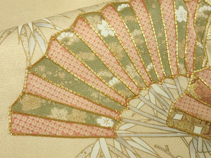 平和屋本店●極上　銀座きしや　訪問着　駒刺繍　流水扇面花文　砥粉色地　金彩　逸品　DZAB9006kh6