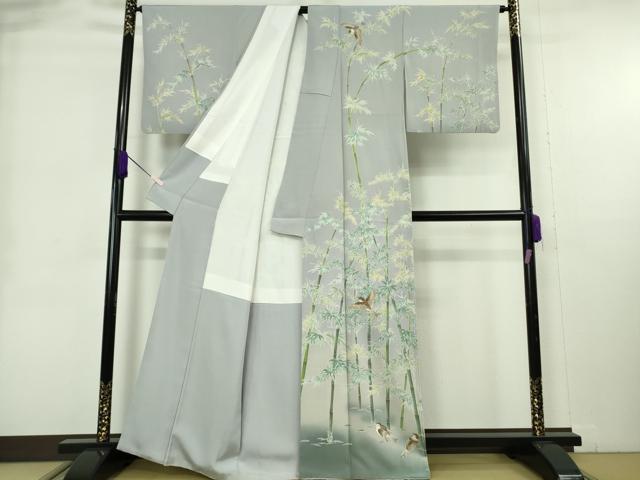 平和屋本店●極上　本加賀友禅作家　栂野朗　訪問着　笹竹に雀　灰青色地　暈し染め　逸品　DZAB9007kh6