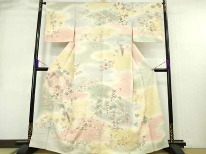 平和屋本店●極上　訪問着　駒刺繍　葡萄蔦の葉花文　暈し染め　金彩　和木沢絹　反端付き　逸品　未使用　DZAB9009kh6