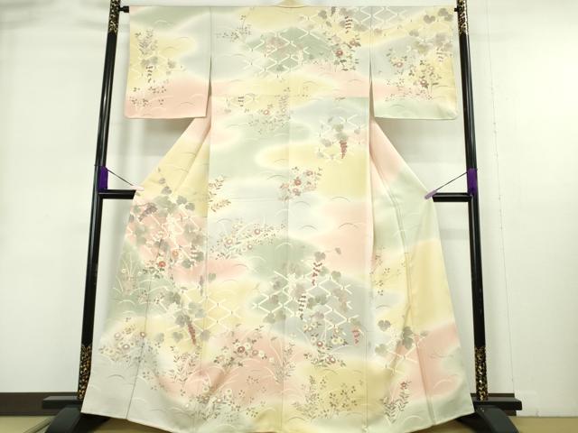 平和屋本店●極上　訪問着　駒刺繍　葡萄蔦の葉花文　暈し染め　金彩　和木沢絹　反端付き　逸品　未使用　DZAB9009kh6