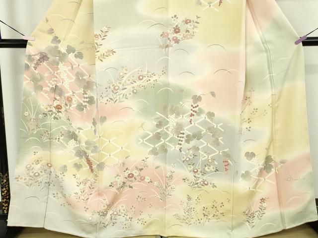 平和屋本店●極上　訪問着　駒刺繍　葡萄蔦の葉花文　暈し染め　金彩　和木沢絹　反端付き　逸品　未使用　DZAB9009kh6