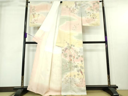 平和屋本店●極上　訪問着　駒刺繍　葡萄蔦の葉花文　暈し染め　金彩　和木沢絹　反端付き　逸品　未使用　DZAB9009kh6