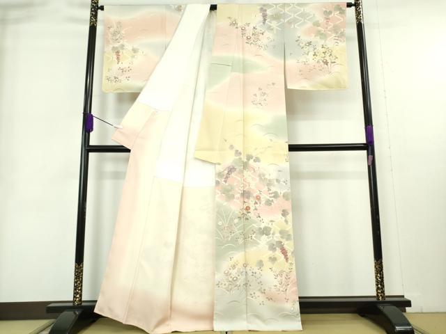 平和屋本店●極上　訪問着　駒刺繍　葡萄蔦の葉花文　暈し染め　金彩　和木沢絹　反端付き　逸品　未使用　DZAB9009kh6