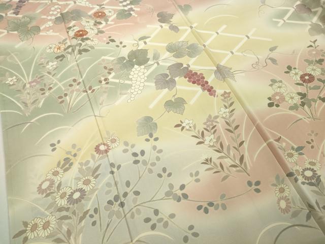 平和屋本店●極上　訪問着　駒刺繍　葡萄蔦の葉花文　暈し染め　金彩　和木沢絹　反端付き　逸品　未使用　DZAB9009kh6