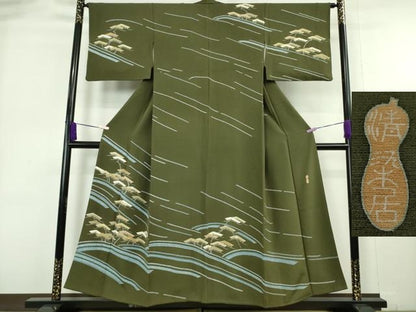 平和屋着物●極上　名門・上野家　上野街子　清染居　訪問着　松　濃い海松茶色地　逸品　DZAB9012kh6