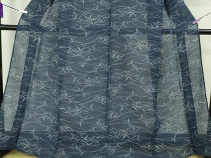 平和屋着物＊極上　夏物　本場小千谷ちぢみ　麻　枝葉文　紺青色地　逸品　DZAB9039kh6