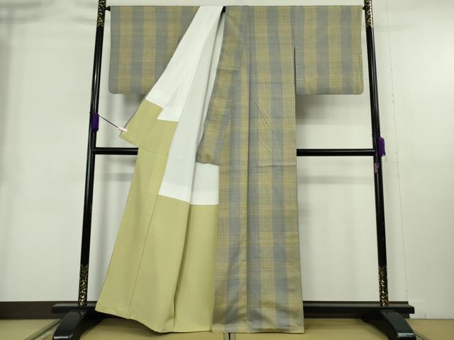 平和屋本店●希少　士乎路紬　加納別誂　格子　反端付き　逸品　DZAB9042kh6
