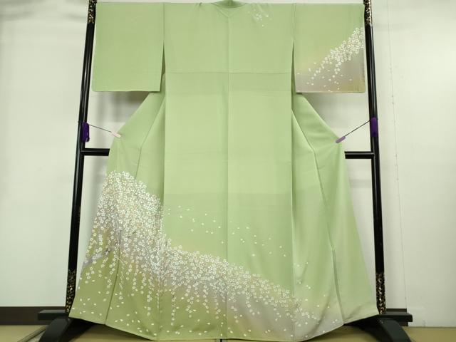 平和屋本店●極上　訪問着　総手刺繍　枝桜　若葉色地　暈し染め　金糸　逸品　未使用　DZAB9050kh6
