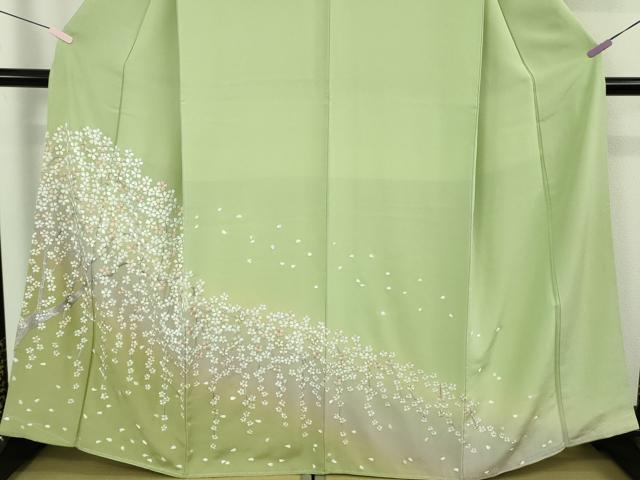平和屋本店●極上　訪問着　総手刺繍　枝桜　若葉色地　暈し染め　金糸　逸品　未使用　DZAB9050kh6
