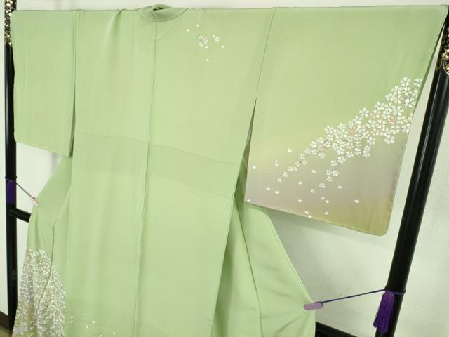 平和屋本店●極上　訪問着　総手刺繍　枝桜　若葉色地　暈し染め　金糸　逸品　未使用　DZAB9050kh6