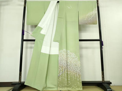 平和屋本店●極上　訪問着　総手刺繍　枝桜　若葉色地　暈し染め　金糸　逸品　未使用　DZAB9050kh6
